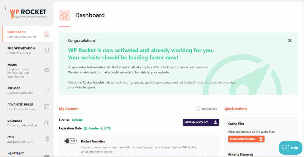 WP Rocket Dashboard